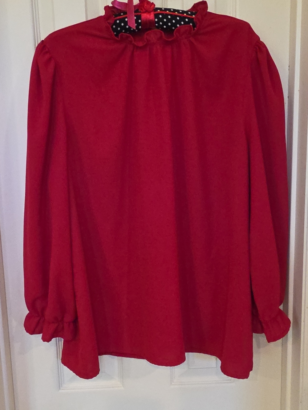 Women's Red Ruffle-Neck Long Sleeve Blouse